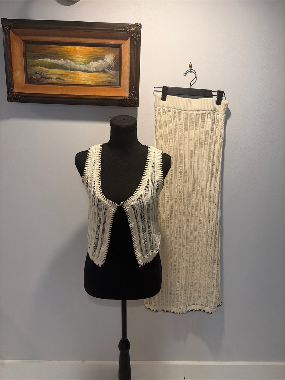 Vest Skirt Matching Set Ladder Knit Crochet Moon River Boho Hippie Festival 90s